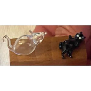 Vintage miniature black cat & mouse Blown Glass Art Glass Figurines